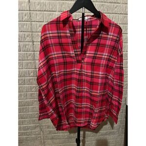 CHASER Plaid Collared V Neck Long Sleeve Shirt‎ Women Red Pink Black